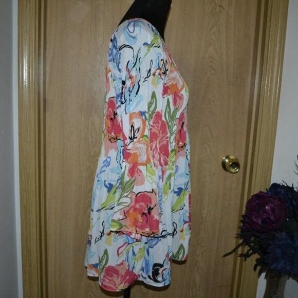 Spence Colorful Floral Print Artsy Vacation White Blouse Top - Picture 7 of 12